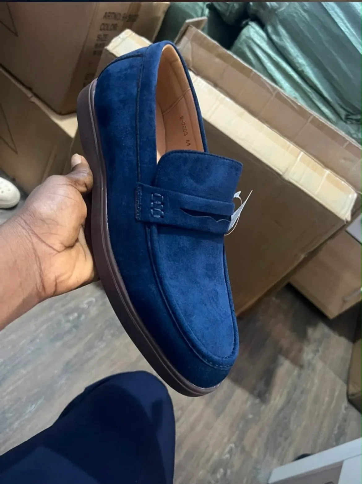 navy blue suede loafers